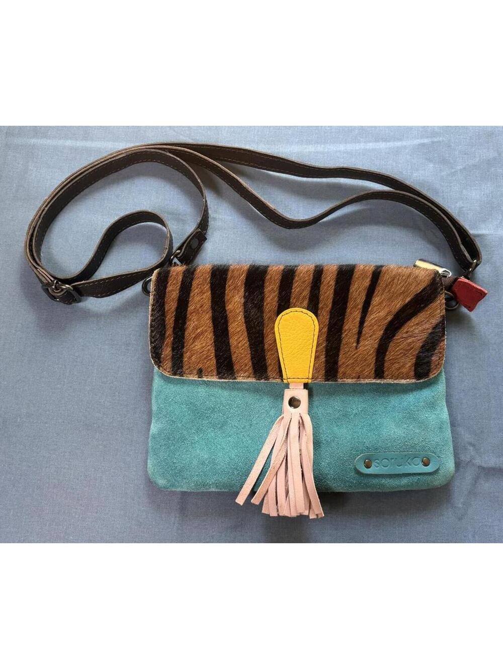 Soruka Crossbody Convertible Belt Bag Animal Print Leather Suede Blue